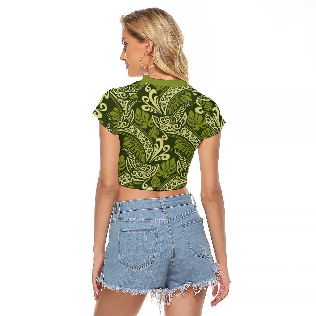 Olive Green Monstera Raglan Cropped T Shirt Polynesian Tribal Pattern - Polynesian Pride