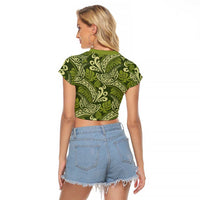 Olive Green Monstera Raglan Cropped T Shirt Polynesian Tribal Pattern - Polynesian Pride