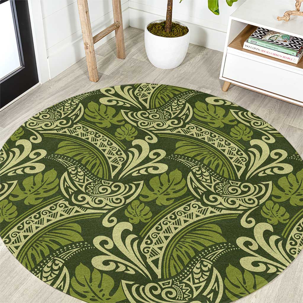 Olive Green Monstera Round Carpet Polynesian Tribal Pattern - Polynesian Pride