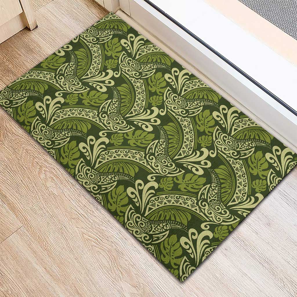 Olive Green Monstera Rubber Doormat Polynesian Tribal Pattern - Polynesian Pride