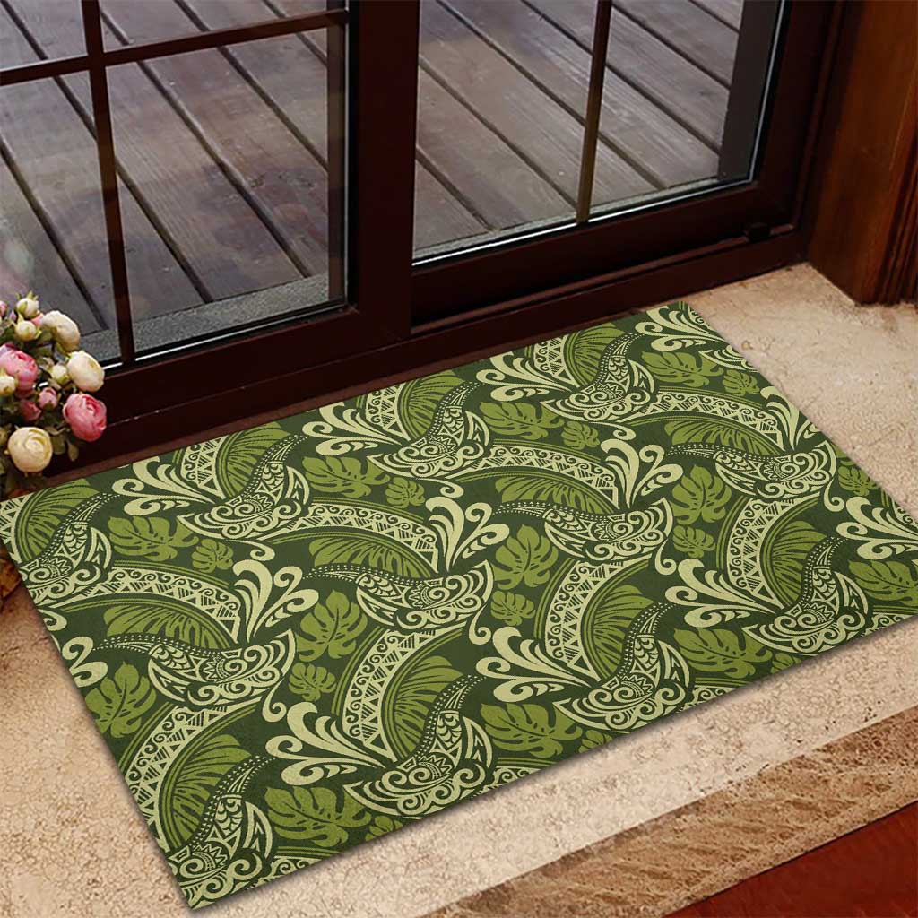Olive Green Monstera Rubber Doormat Polynesian Tribal Pattern - Polynesian Pride