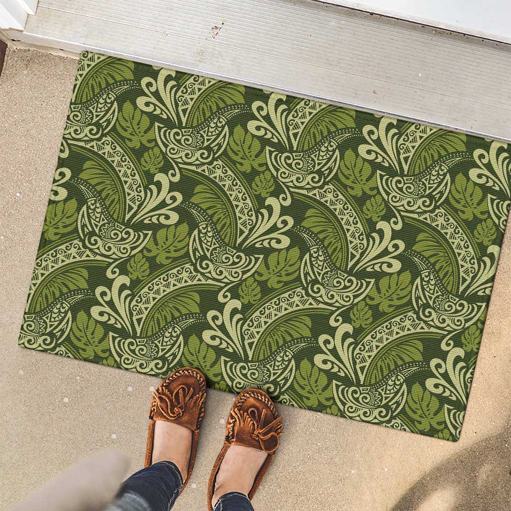 Olive Green Monstera Rubber Doormat Polynesian Tribal Pattern - Polynesian Pride