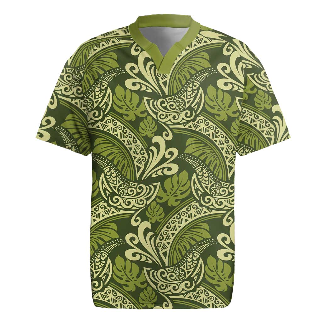 Olive Green Monstera Rugby Jersey Polynesian Tribal Pattern - Polynesian Pride