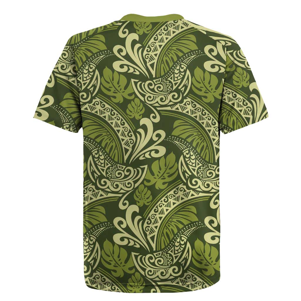 Olive Green Monstera Rugby Jersey Polynesian Tribal Pattern - Polynesian Pride