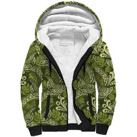 Olive Green Monstera Sherpa Hoodie Polynesian Tribal Pattern - Polynesian Pride