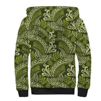 Olive Green Monstera Sherpa Hoodie Polynesian Tribal Pattern - Polynesian Pride