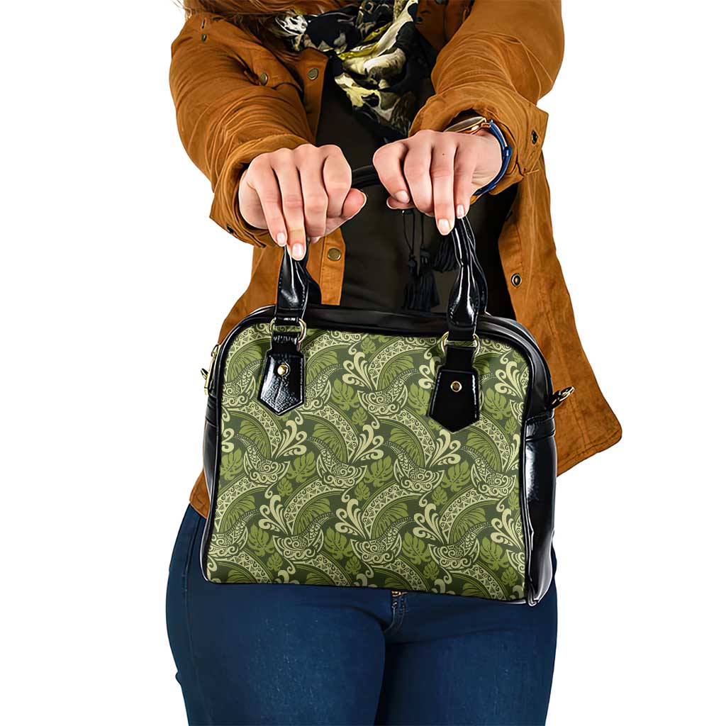 Olive Green Monstera Shoulder Handbag Polynesian Tribal Pattern - Polynesian Pride