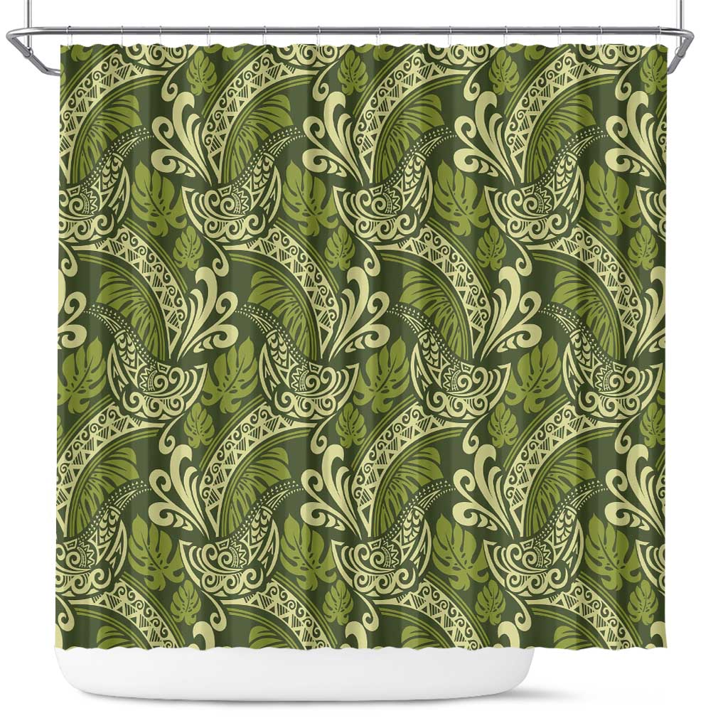 Olive Green Monstera Shower Curtain Polynesian Tribal Pattern - Polynesian Pride