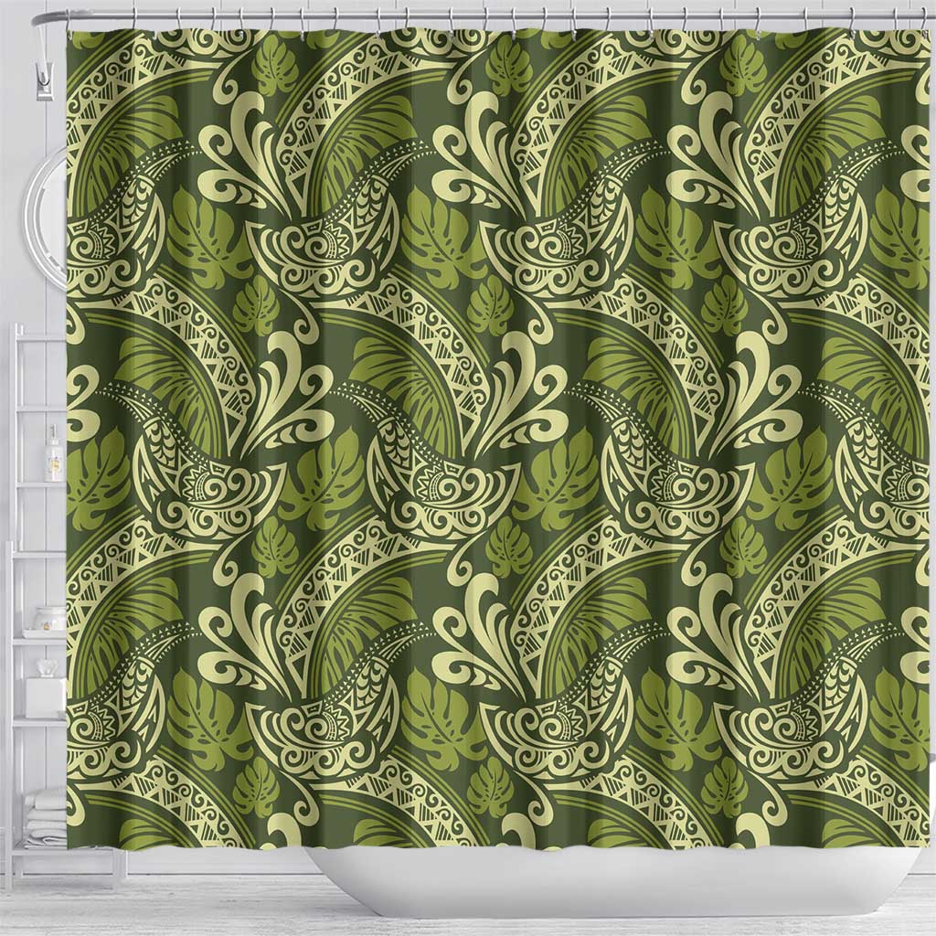 Olive Green Monstera Shower Curtain Polynesian Tribal Pattern - Polynesian Pride