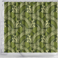 Olive Green Monstera Shower Curtain Polynesian Tribal Pattern - Polynesian Pride