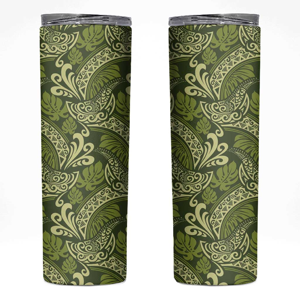 Olive Green Monstera Skinny Tumbler Polynesian Tribal Pattern - Polynesian Pride