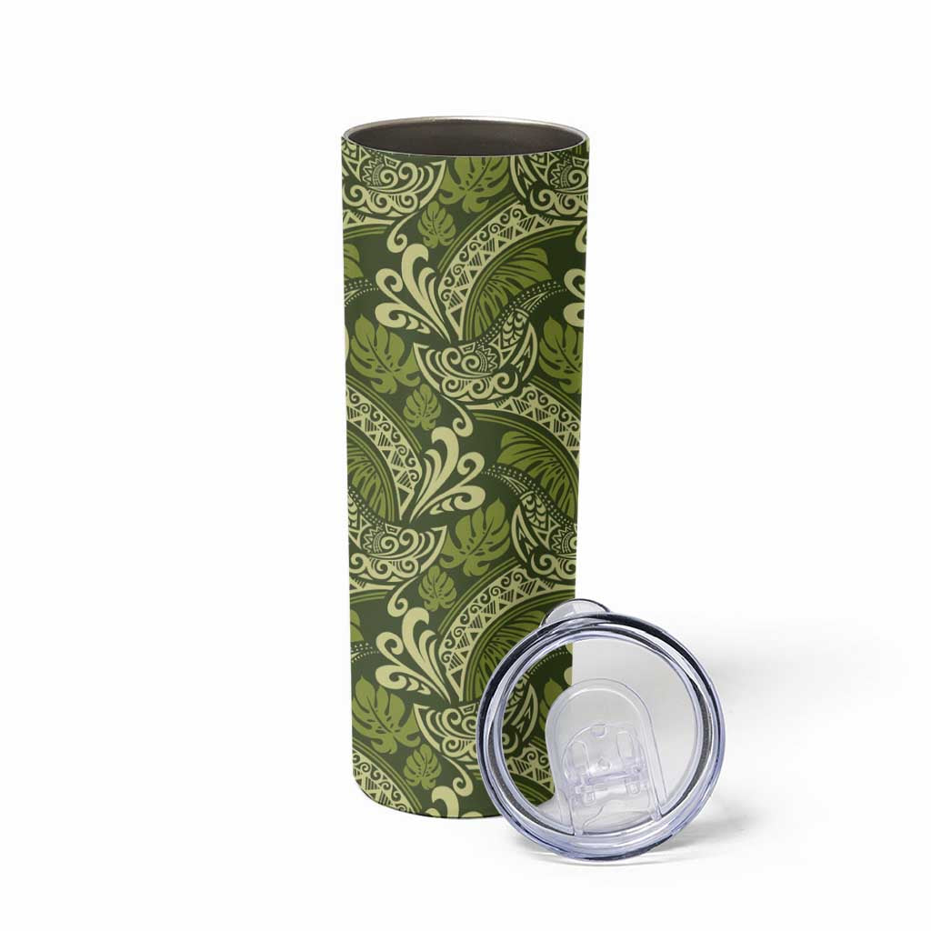 Olive Green Monstera Skinny Tumbler Polynesian Tribal Pattern - Polynesian Pride