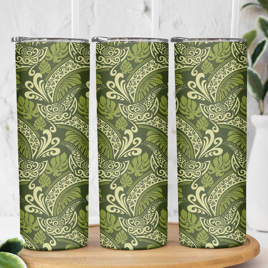 Olive Green Monstera Skinny Tumbler Polynesian Tribal Pattern - Polynesian Pride
