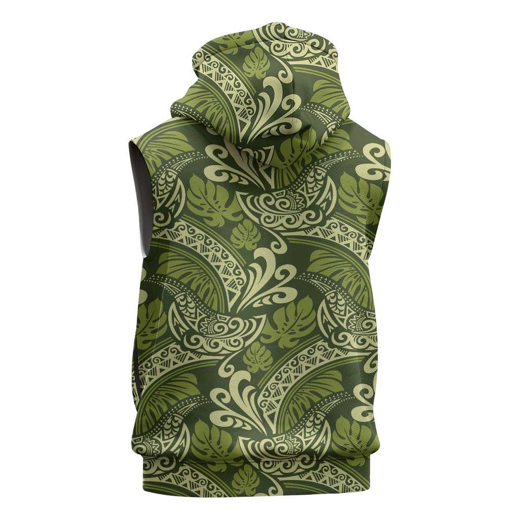 Olive Green Monstera Sleeveless Hoodie Polynesian Tribal Pattern - Polynesian Pride