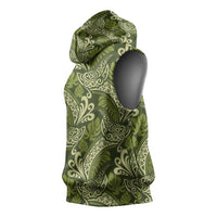 Olive Green Monstera Sleeveless Hoodie Polynesian Tribal Pattern - Polynesian Pride