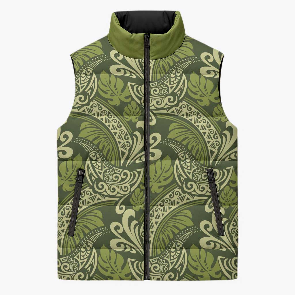 Olive Green Monstera Sleeveless Puffer Jacket Polynesian Tribal Pattern LT01 Unisex Green - Polynesian Pride