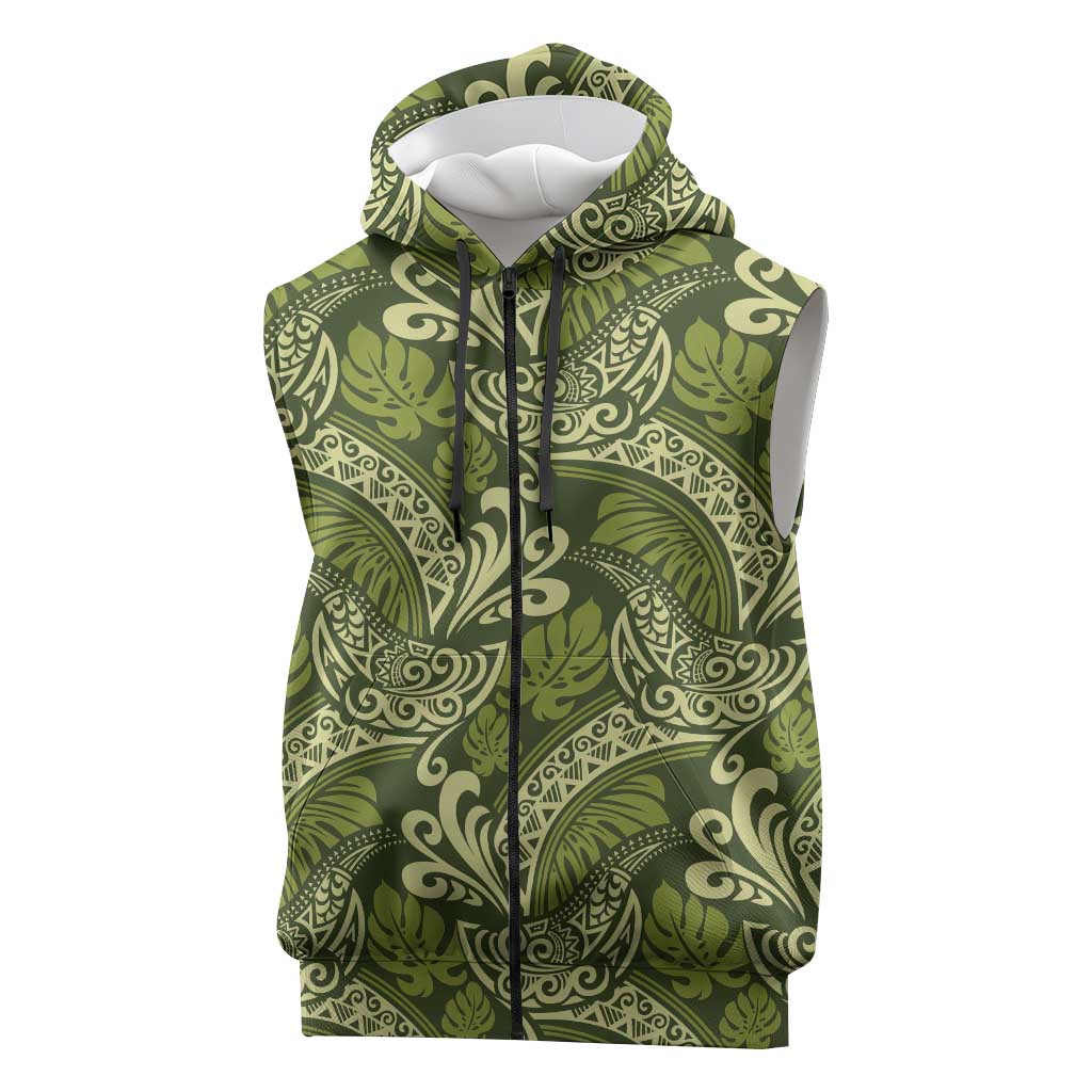 Olive Green Monstera Sleeveless Zip Hoodie Polynesian Tribal Pattern LT01 Green - Polynesian Pride