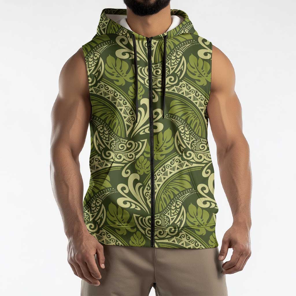 Olive Green Monstera Sleeveless Zip Hoodie Polynesian Tribal Pattern - Polynesian Pride