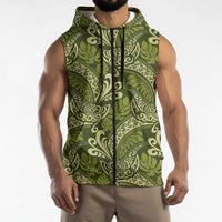 Olive Green Monstera Sleeveless Zip Hoodie Polynesian Tribal Pattern - Polynesian Pride