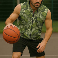 Olive Green Monstera Sleeveless Zip Hoodie Polynesian Tribal Pattern - Polynesian Pride