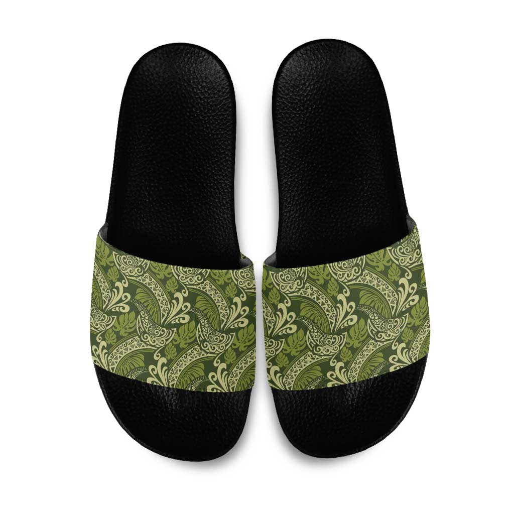 Olive Green Monstera Slide Sandals Polynesian Tribal Pattern LT01 Green - Polynesian Pride