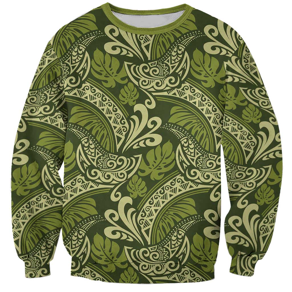 Olive Green Monstera Sweatshirt Polynesian Tribal Pattern - Polynesian Pride