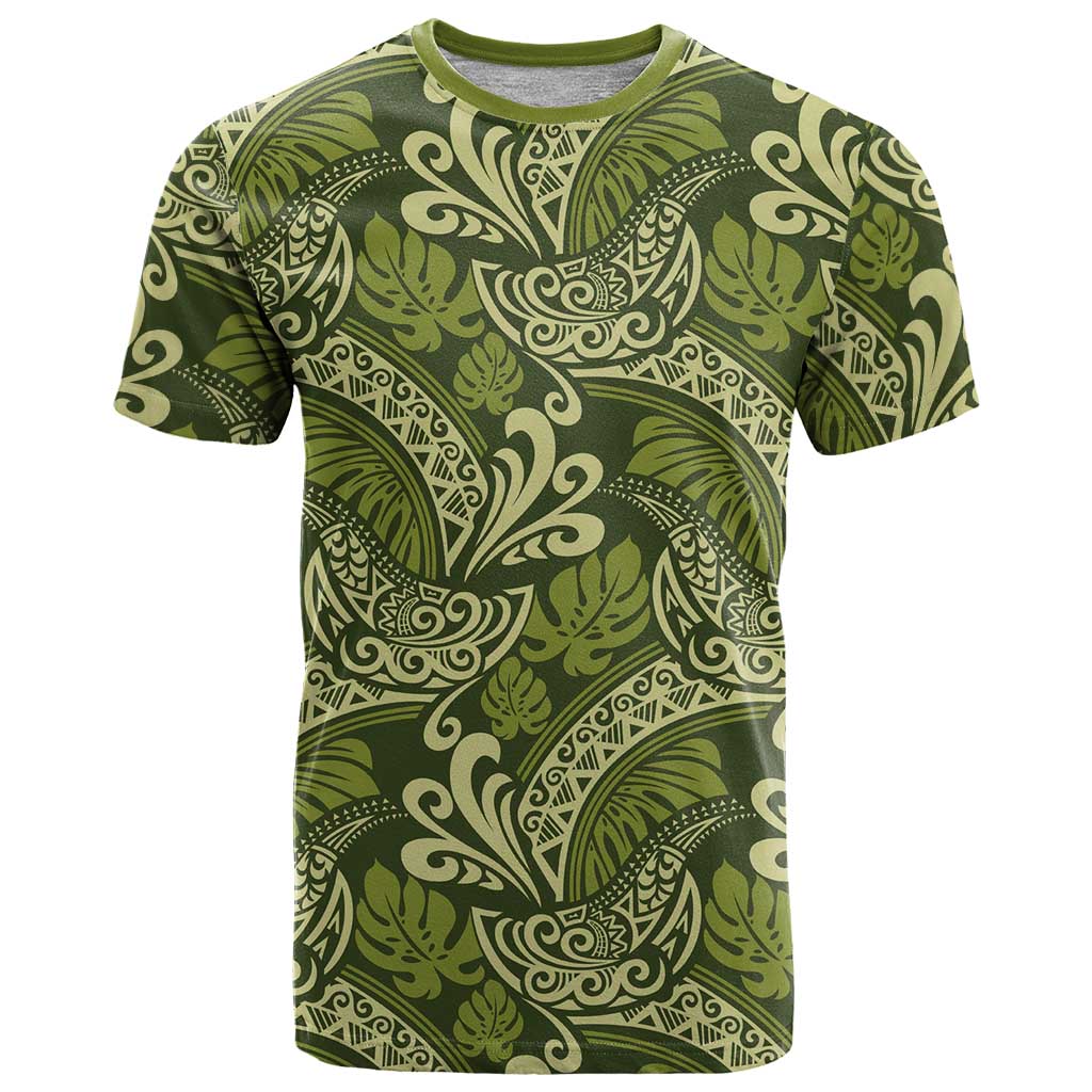 Olive Green Monstera T Shirt Polynesian Tribal Pattern - Polynesian Pride