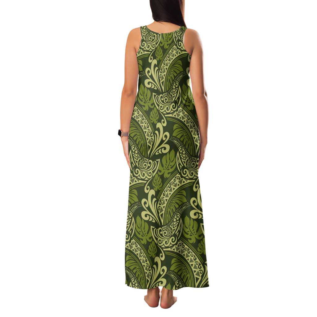 Olive Green Monstera Tank Maxi Dress Polynesian Tribal Pattern - Polynesian Pride