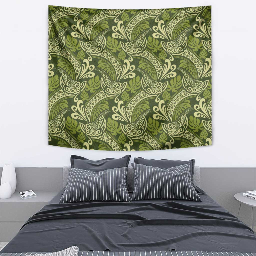 Olive Green Monstera Tapestry Polynesian Tribal Pattern - Polynesian Pride