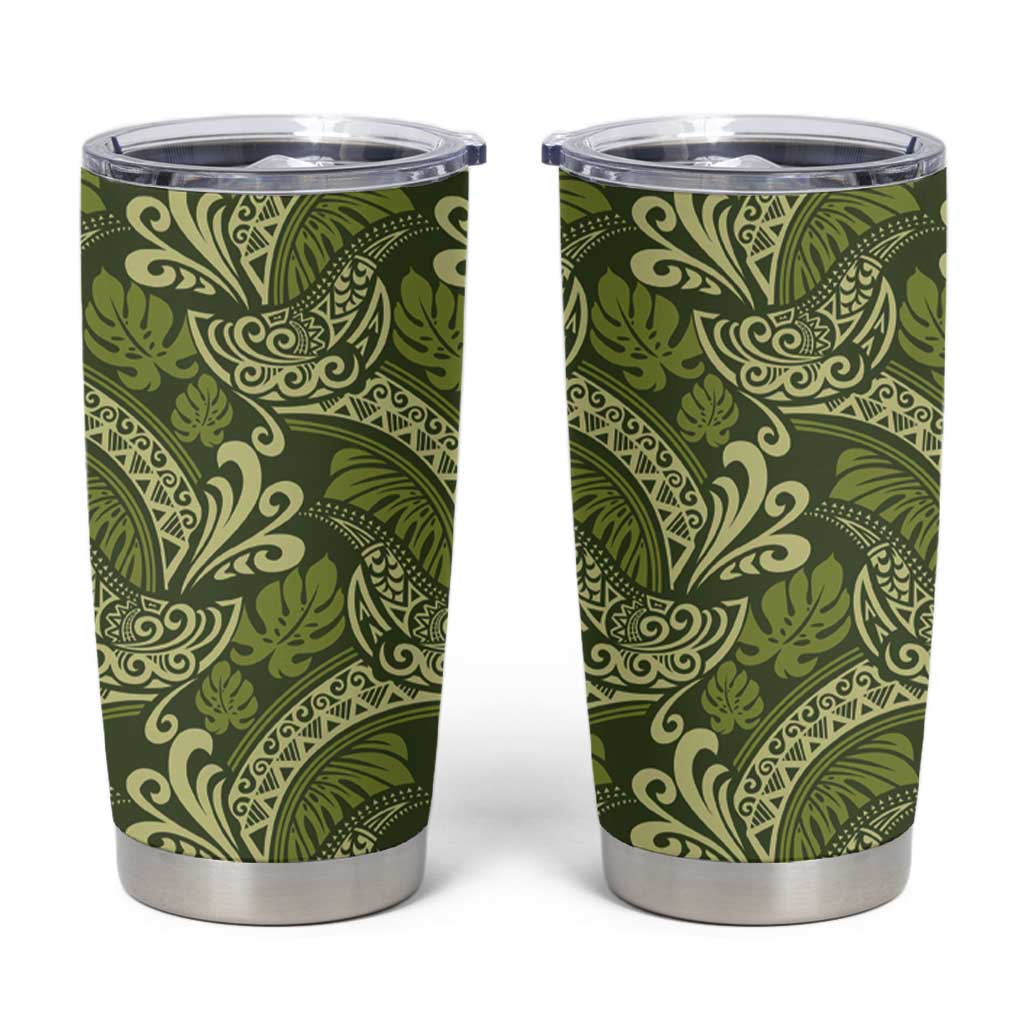 Olive Green Monstera Tumbler Cup Polynesian Tribal Pattern - Polynesian Pride