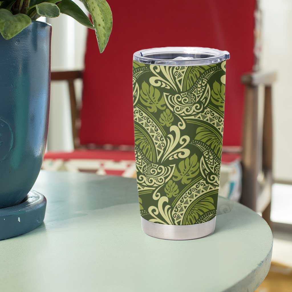 Olive Green Monstera Tumbler Cup Polynesian Tribal Pattern - Polynesian Pride