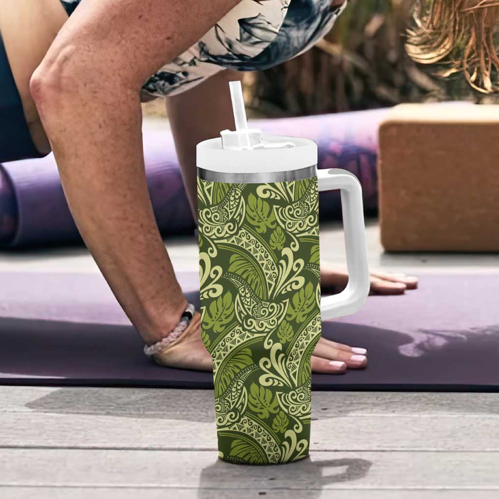 Olive Green Monstera Tumbler With Handle Polynesian Tribal Pattern - Polynesian Pride