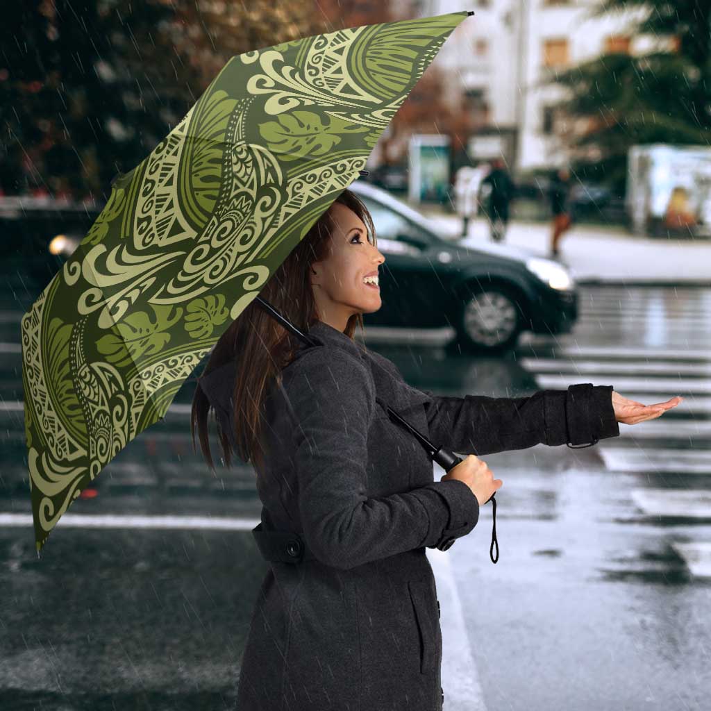Olive Green Monstera Umbrella Polynesian Tribal Pattern - Polynesian Pride