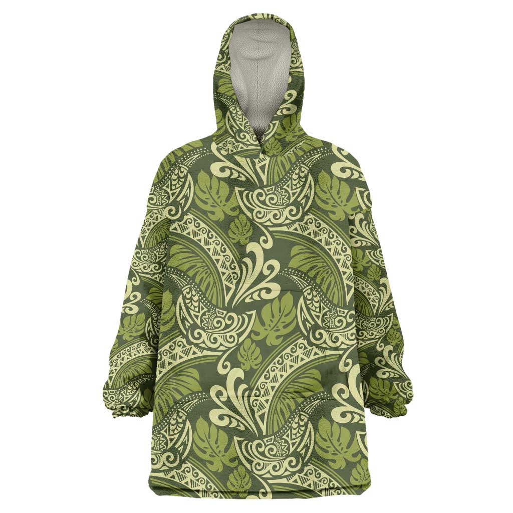 Olive Green Monstera Wearable Blanket Hoodie Polynesian Tribal Pattern LT01 One Size Green - Polynesian Pride
