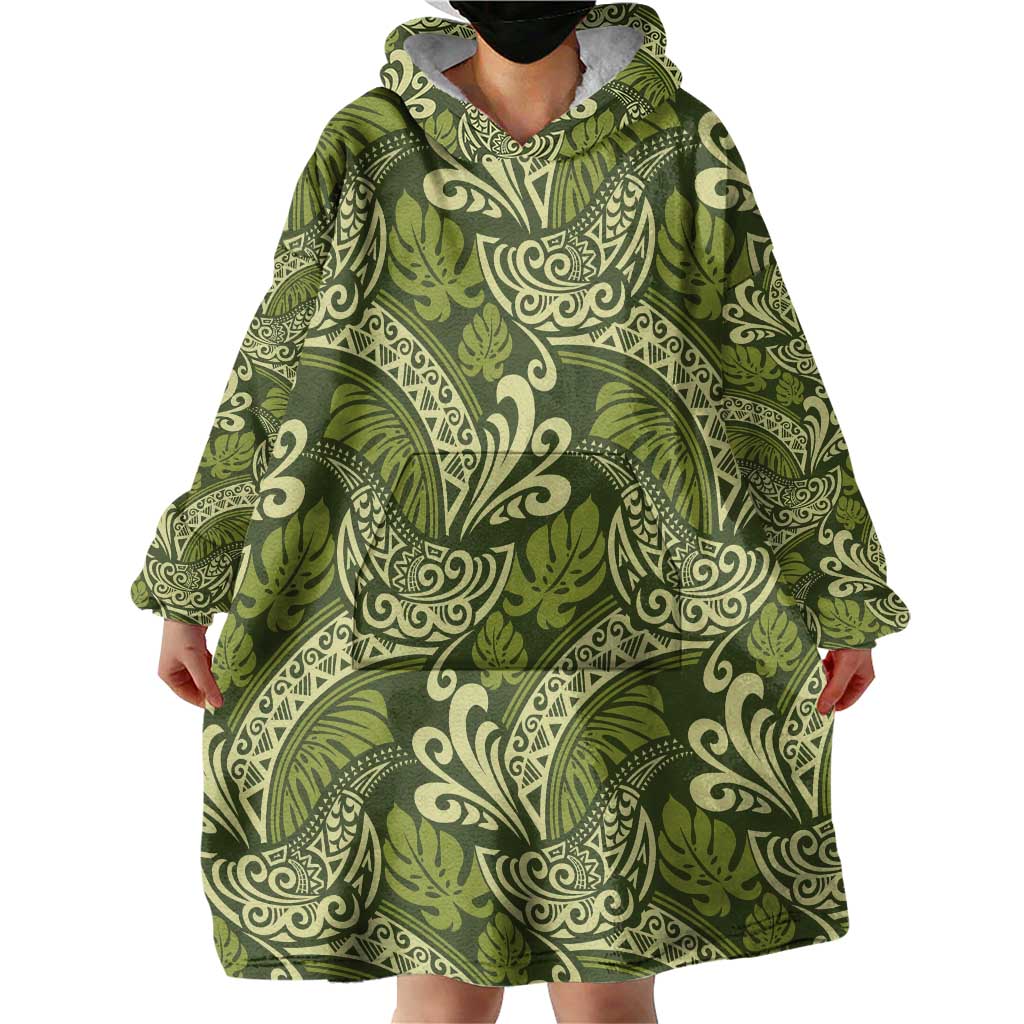 Olive Green Monstera Wearable Blanket Hoodie Polynesian Tribal Pattern - Polynesian Pride