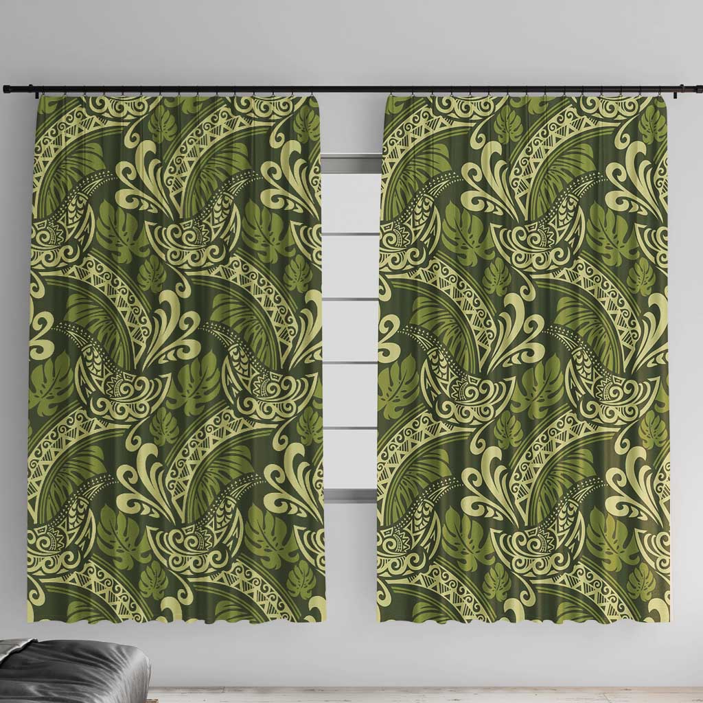 Olive Green Monstera Window Curtain Polynesian Tribal Pattern LT01 With Hooks Green - Polynesian Pride