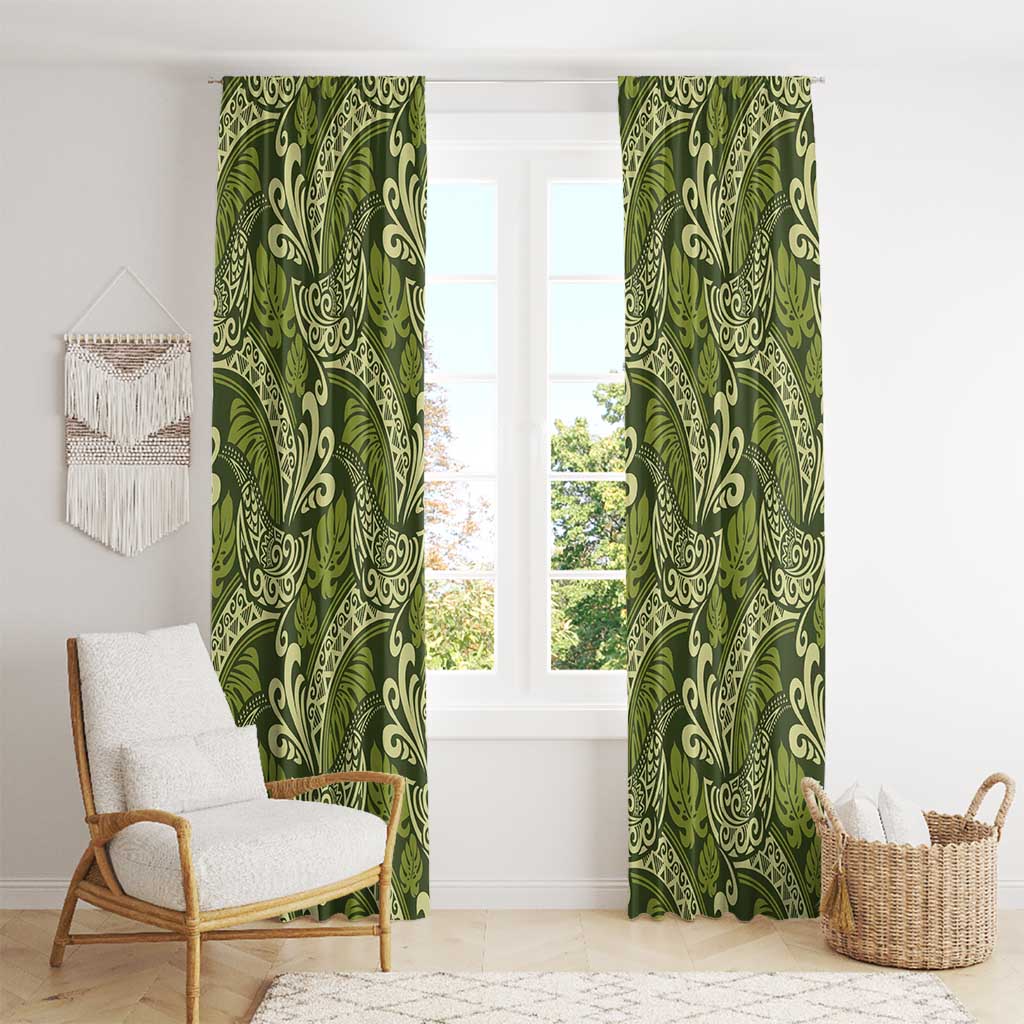 Olive Green Monstera Window Curtain Polynesian Tribal Pattern - Polynesian Pride