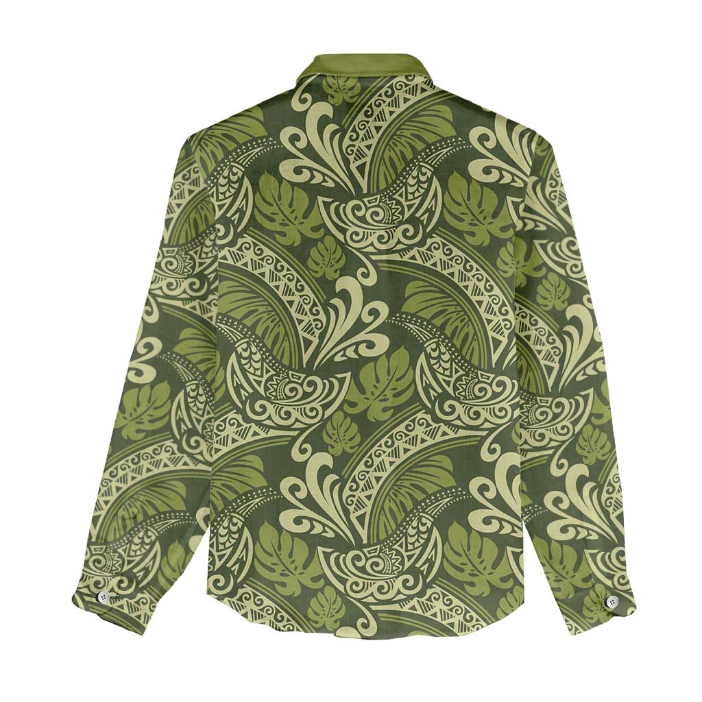 Olive Green Monstera Women Casual Shirt Polynesian Tribal Pattern - Polynesian Pride