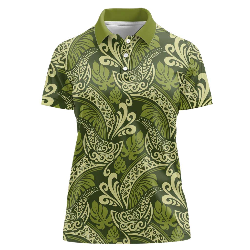 Olive Green Monstera Women Polo Shirt Polynesian Tribal Pattern - Polynesian Pride