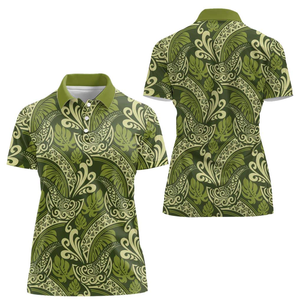Olive Green Monstera Women Polo Shirt Polynesian Tribal Pattern - Polynesian Pride
