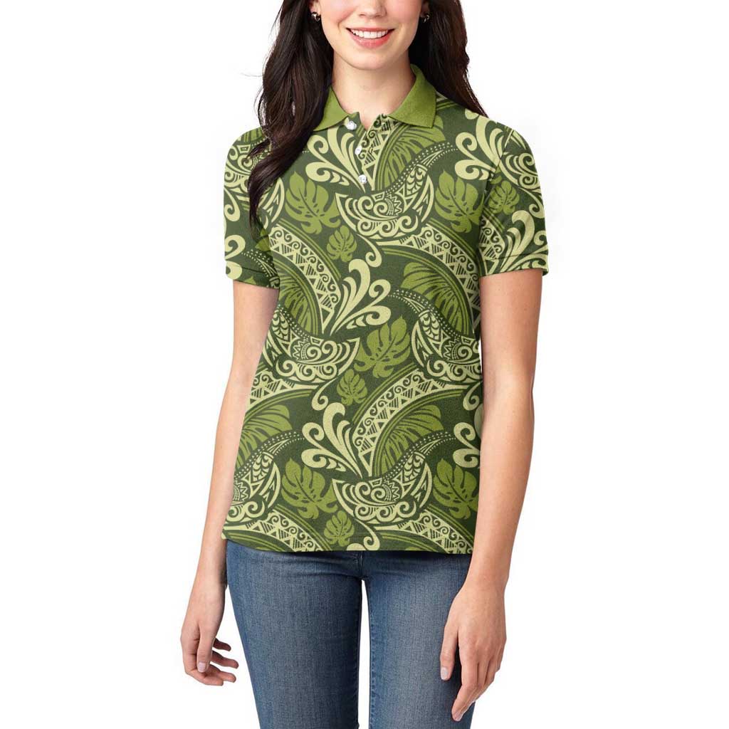 Olive Green Monstera Women Polo Shirt Polynesian Tribal Pattern - Polynesian Pride