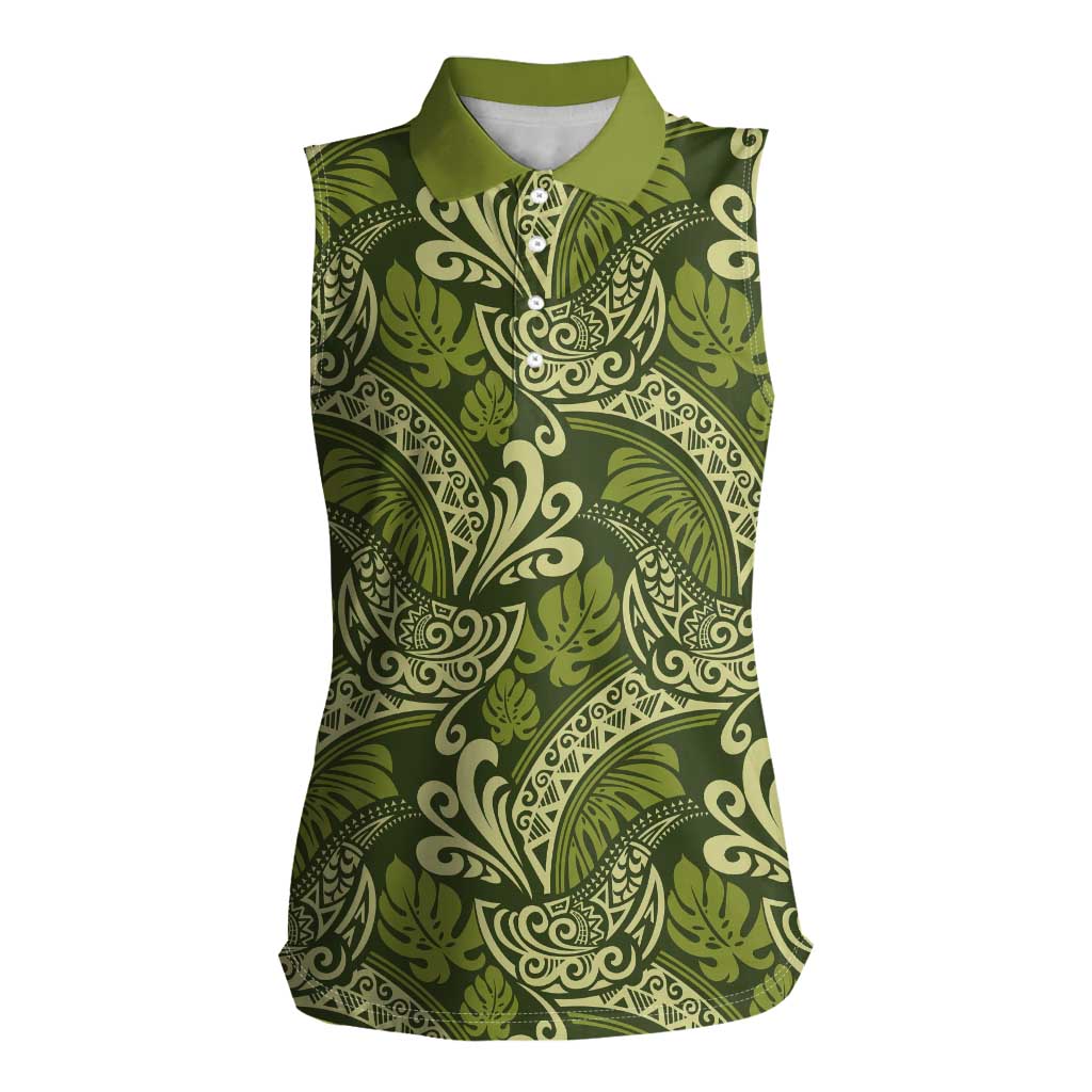 Olive Green Monstera Women Sleeveless Polo Shirt Polynesian Tribal Pattern LT01 Female Green - Polynesian Pride