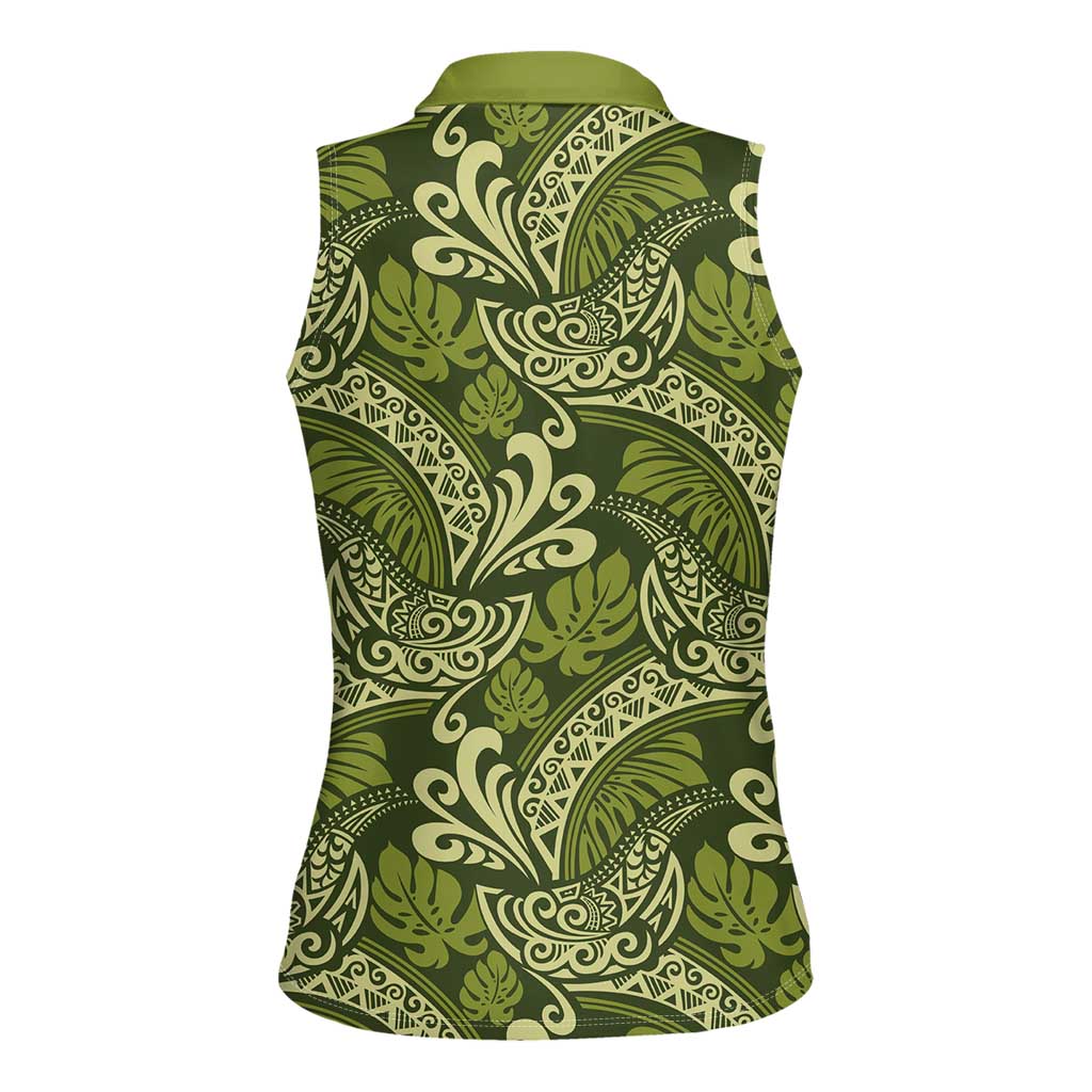 Olive Green Monstera Women Sleeveless Polo Shirt Polynesian Tribal Pattern - Polynesian Pride