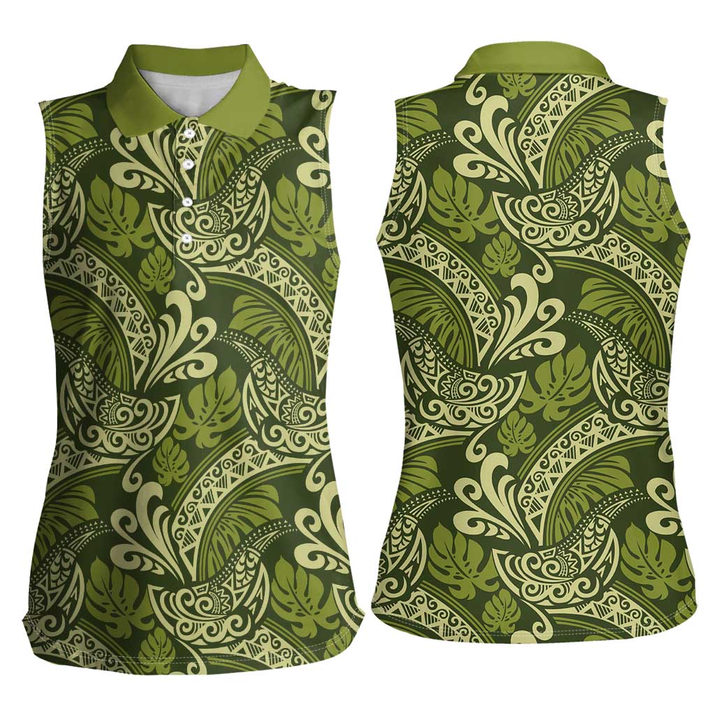 Olive Green Monstera Women Sleeveless Polo Shirt Polynesian Tribal Pattern - Polynesian Pride