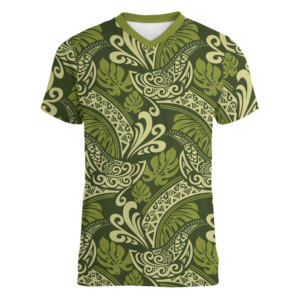 Olive Green Monstera Women V-Neck T-Shirt Polynesian Tribal Pattern - Polynesian Pride