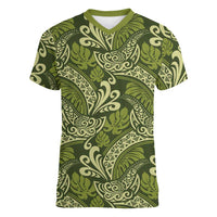 Olive Green Monstera Women V-Neck T-Shirt Polynesian Tribal Pattern - Polynesian Pride