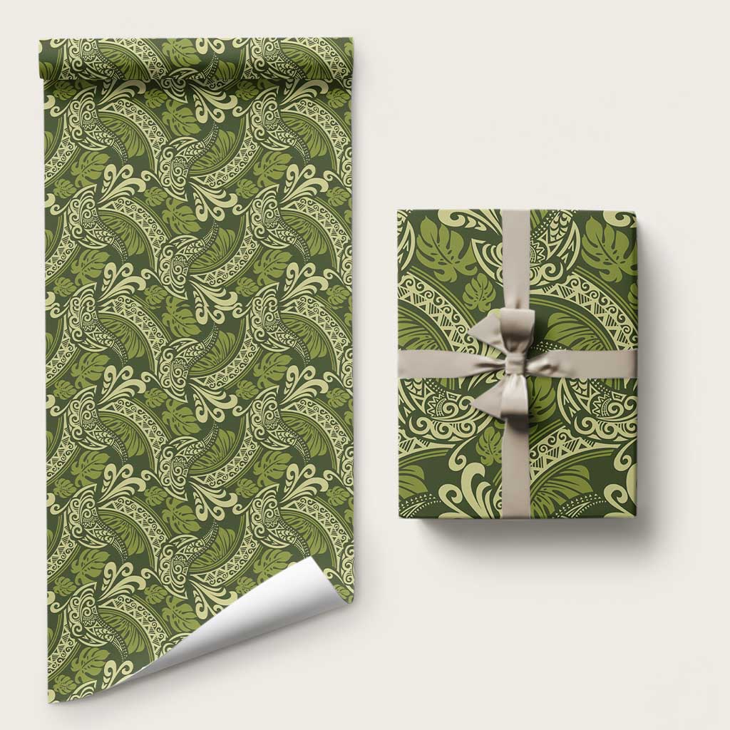Olive Green Monstera Wrapping Paper Polynesian Tribal Pattern - Polynesian Pride