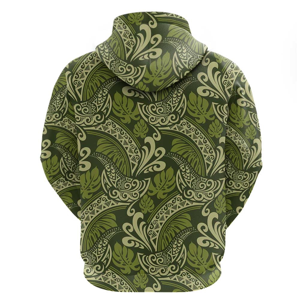 Olive Green Monstera Zip Hoodie Polynesian Tribal Pattern - Polynesian Pride