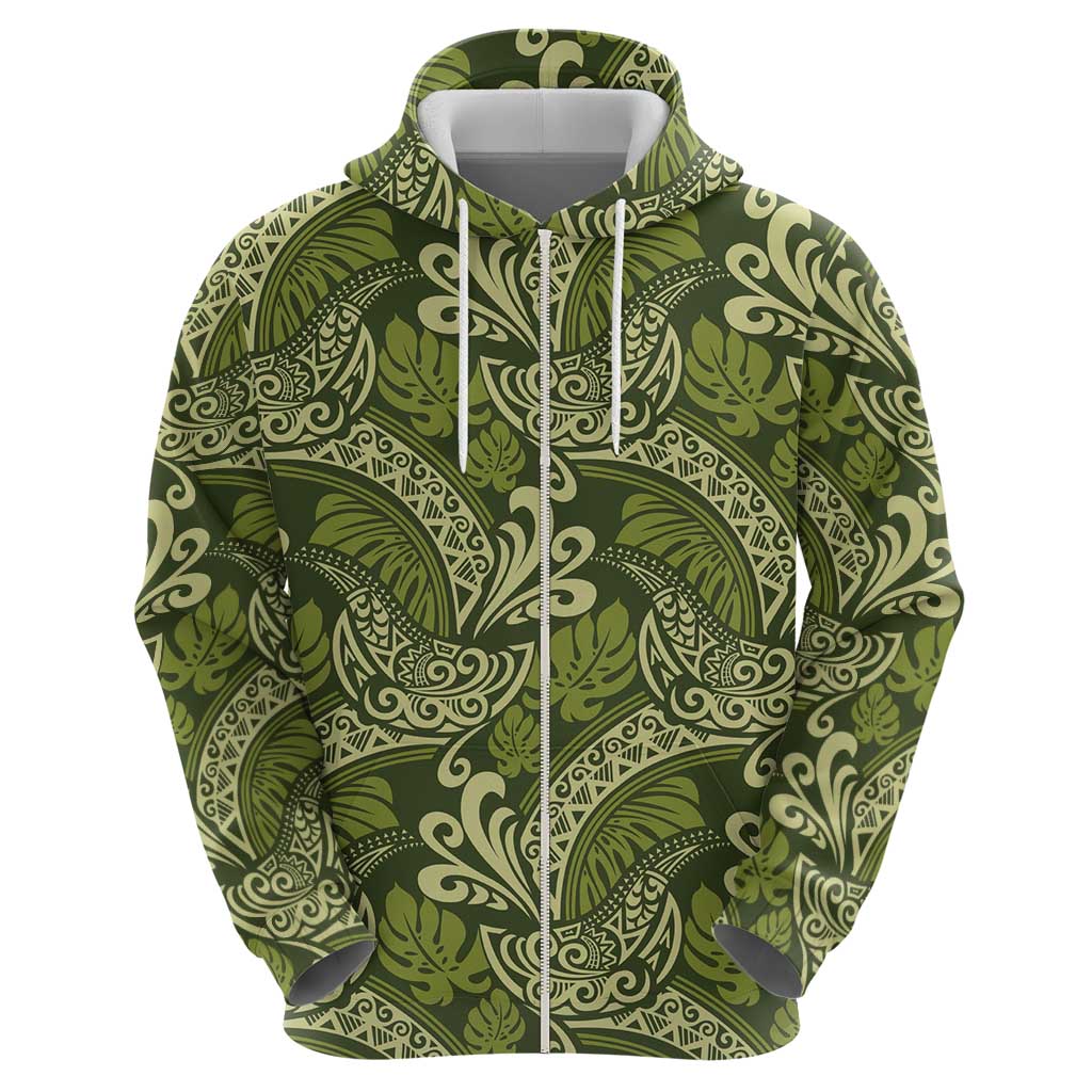 Olive Green Monstera Zip Hoodie Polynesian Tribal Pattern - Polynesian Pride