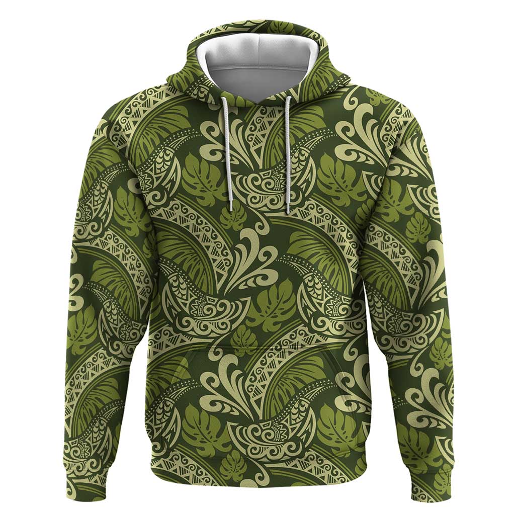Olive Green Monstera Zip Hoodie Polynesian Tribal Pattern - Polynesian Pride